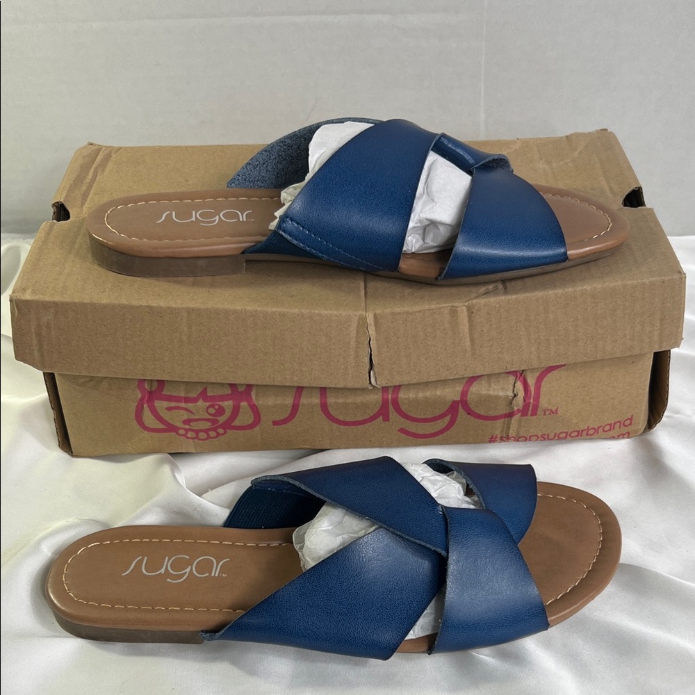 Sugar Women's Navy Blue‎ Cross-Strap Knot Slides Size 7.5M New in Box Summer